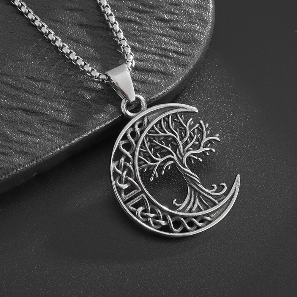 Viking Yggdrasil Tree of Life Crescent Moon Necklace | 316L Stainless Steel Celtic Rune Pendant