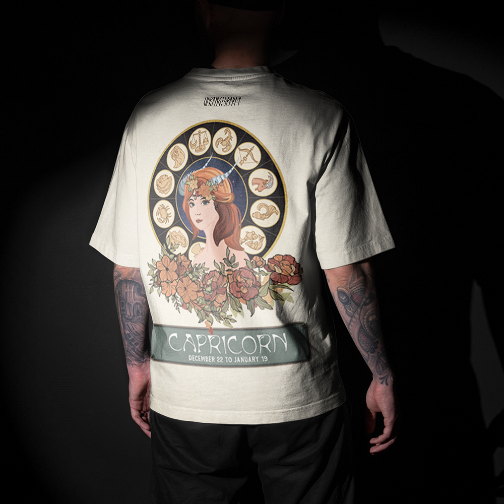 Capricorn Viking Astrology Vintage Oversized T-Shirt, 230g Heavy Cotton Tee, Art Nouveau Zodiac Wheel Goat Totem Unisex Multi-color Short Sleeve-Viking Spirit