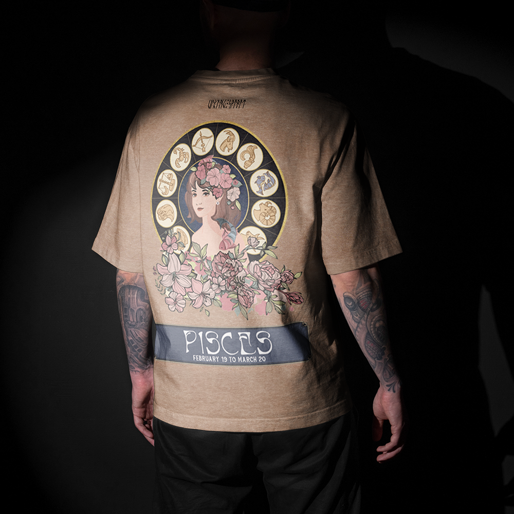 Pisces Viking Astrology Vintage Oversized T-Shirt, 230g Heavy Cotton Tee, Art Nouveau Zodiac Wheel Twin Fish Totem Unisex Multi-color Short Sleeve-Viking Spirit