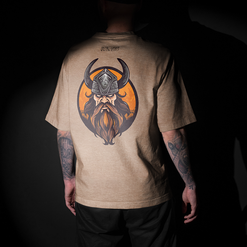 Viking Longship Chieftain Double-sided Printed Vintage Oversized T-Shirt, 230g Heavy Cotton Tee, Norse Drakkar Totem Unisex Multi-color Short Sleeve-Viking Spirit