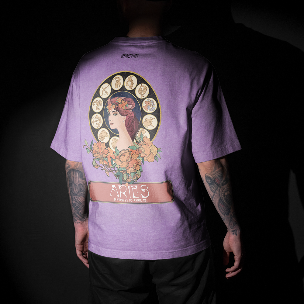 Aries Zodiac Vintage Washed Oversize T-Shirt, 230g Heavyweight Cotton Tee, Art Nouveau Ram & Zodiac Wheel Print Unisex Casual Short Sleeve Top-Viking Spirit