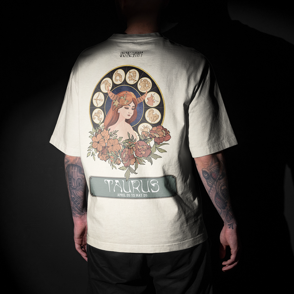 Taurus Viking Astrology Vintage Washed Oversize T-Shirt, 230g Heavyweight Cotton Tee, Zodiac Wheel Bull Goddess Print Unisex Short Sleeve Top-Viking Spirit