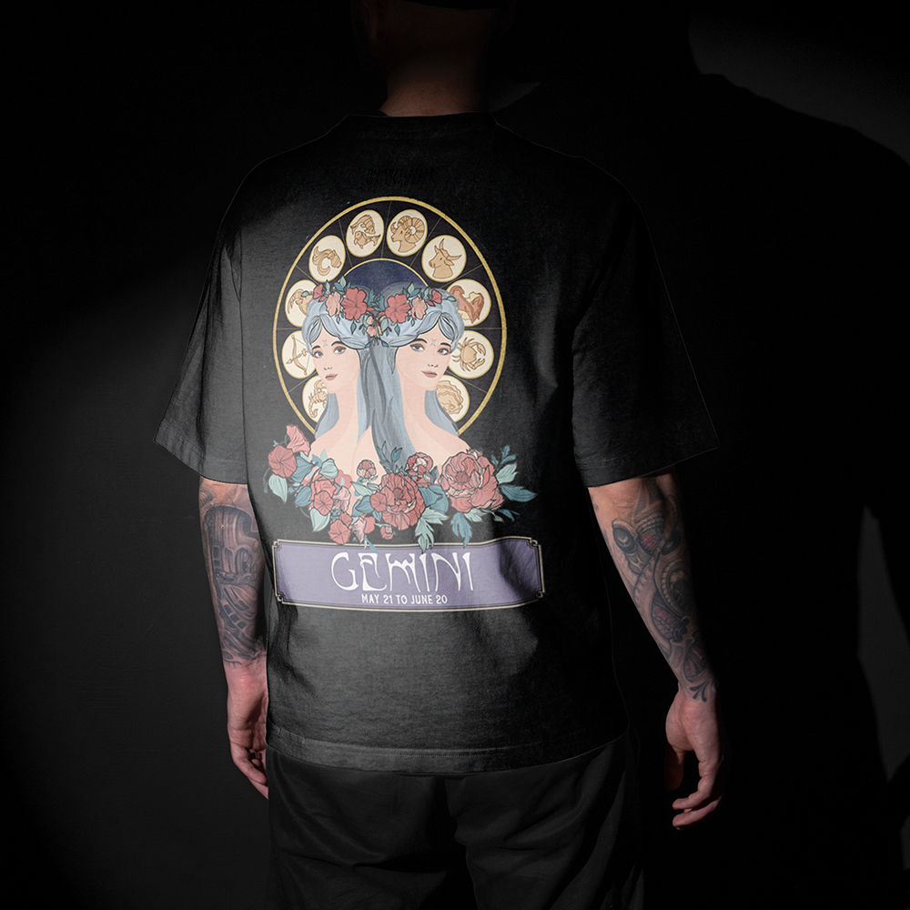 Gemini Viking Astrology Vintage Washed Oversize T-Shirt, 230g Heavyweight Cotton Tee, Zodiac Wheel Twin Goddess Print Unisex Short Sleeve Top-Viking Spirit