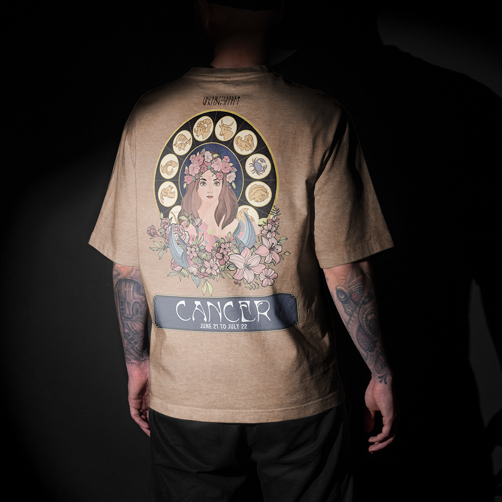 Cancer Viking Astrology Vintage Washed Oversize T-Shirt, 230g Heavyweight Cotton Tee, Zodiac Wheel Cancer Goddess Print Unisex Short Sleeve Top-Viking Spirit