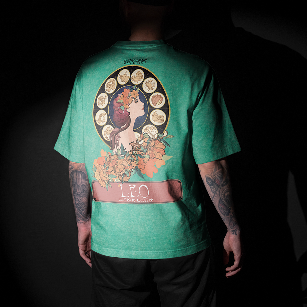 Leo Viking Astrology Vintage Washed Oversize T-Shirt, 230g Heavyweight Cotton Tee, Zodiac Wheel Leo Goddess Print Unisex Short Sleeve Top-Viking Spirit
