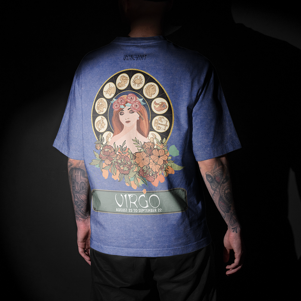 Virgo Viking Astrology Vintage Washed Oversize T-Shirt, 230g Heavyweight Cotton Tee, Zodiac Wheel Virgo Goddess Print Unisex Short Sleeve Top-Viking Spirit