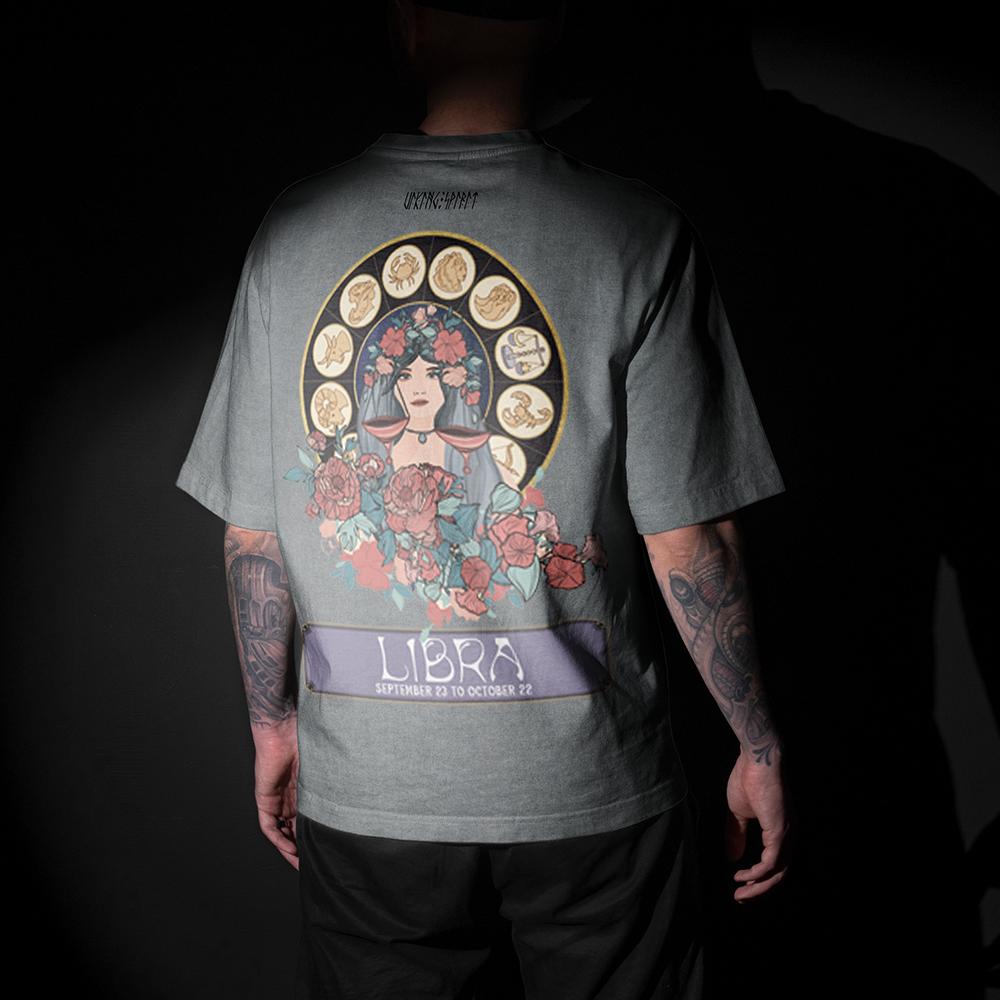 Libra Viking Astrology Vintage Washed Oversize T-Shirt, 230g Heavyweight Cotton Tee, Zodiac Wheel Libra Goddess Print Unisex Short Sleeve Top-Viking Spirit