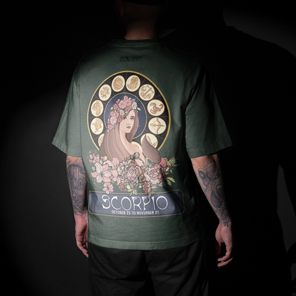 Scorpio Viking Astrology Vintage Washed Oversize T-Shirt, 230g Heavyweight Cotton Tee, Zodiac Wheel Scorpio Goddess Print Unisex Short Sleeve Top-Viking Spirit