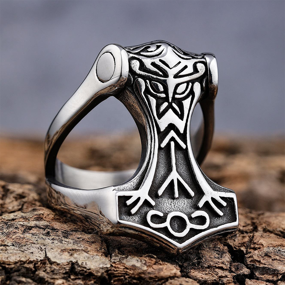 Viking Mjolnir Thor's Hammer Rune Ring | 316L Stainless Steel Antique Hollow Unisex Norse Protective Band