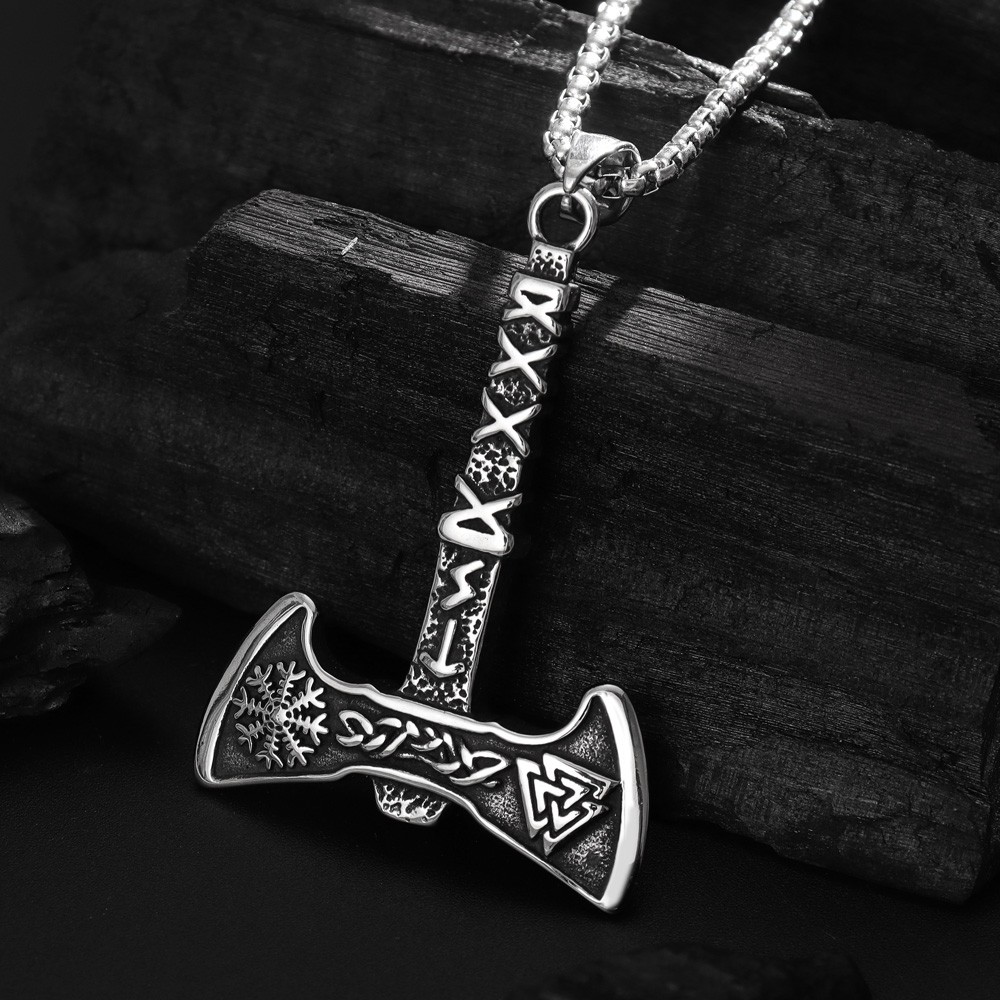 Norse Viking Rune Battle Axe Pendant | Valknut & Aegishjalmr Warrior Amulet, 316L Stainless Steel Unisex Courage & Protection Necklace