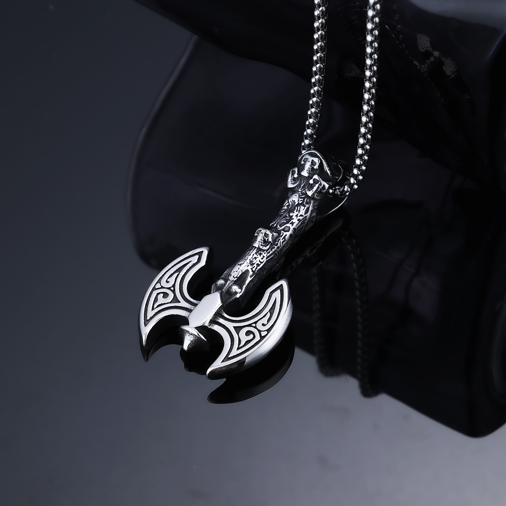 Norse Viking Skull Double Battle Axe Pendant | Celtic Spiral Norse Warrior Amulet, 316L Stainless Steel Unisex Courage & Strength Necklace