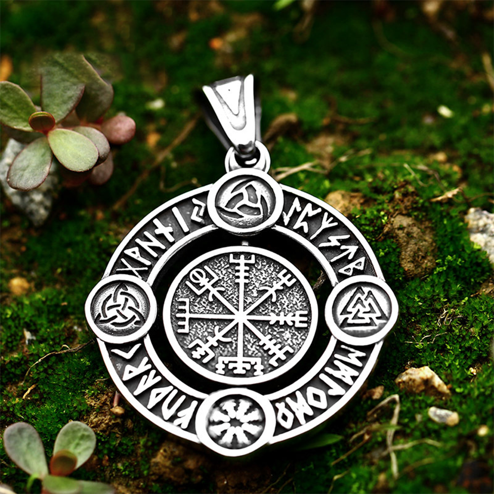 Norse Rotatable Viking Vegvísir Rune Circle Pendant | Elder Futhark Multi-Symbol Amulet, 316L Stainless Steel Unisex Journey Protection Necklace