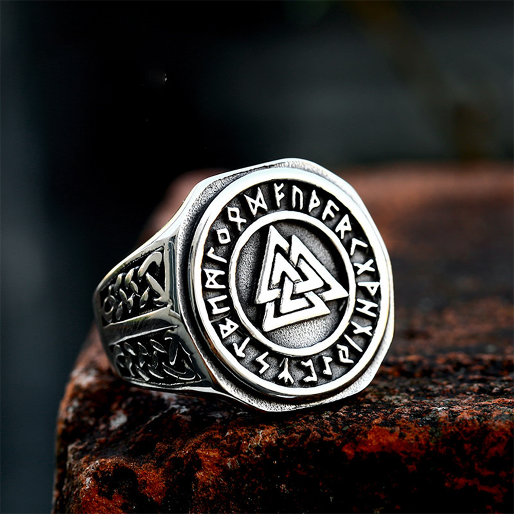 Norse Viking Valknut Triangle Knot Rune Signet Ring | 316L Stainless Steel Elder Futhark Odin Protective Unisex Shield Ring