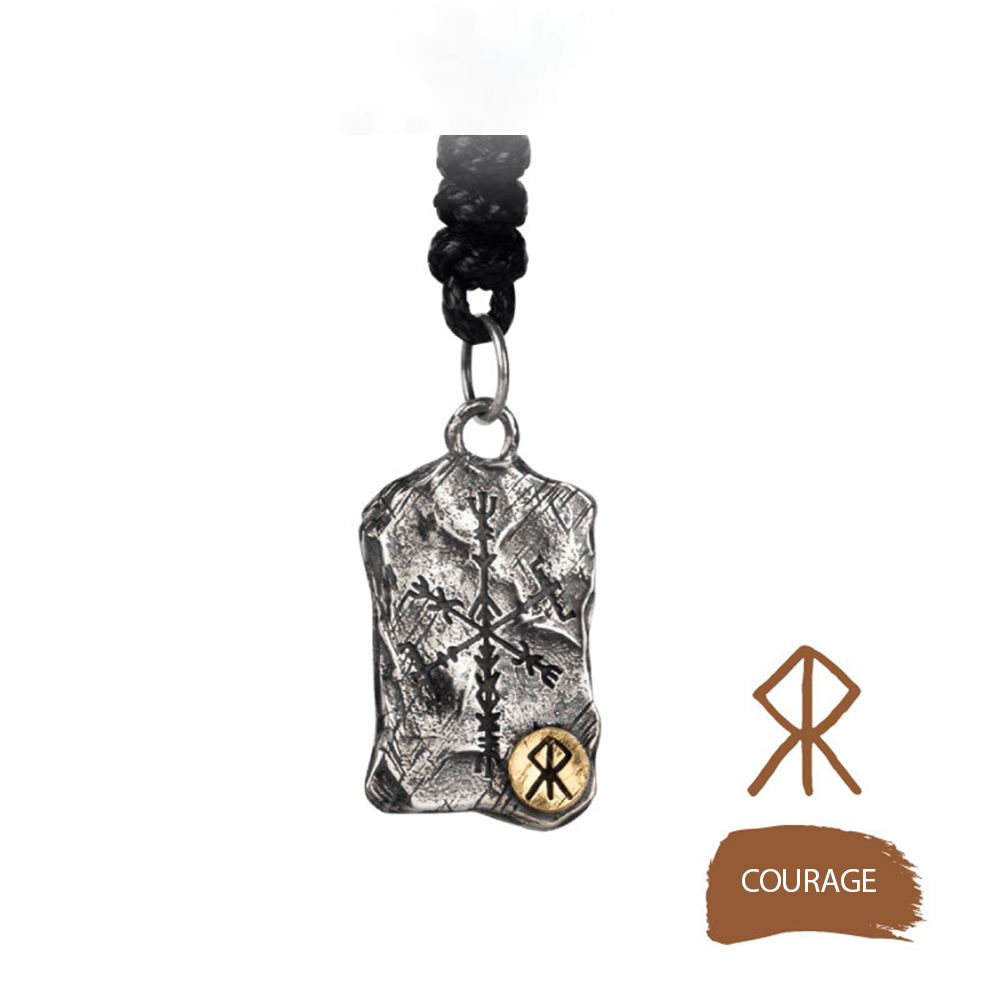 Norse Viking Rune Fragment Stone Pendant Necklace | Double-sided Vegvisir Compass & Aegishjalmur Helm of Awe, 316L Stainless Steel, Gold Plated & Sterling Silver Option, Unisex Rune Amulet