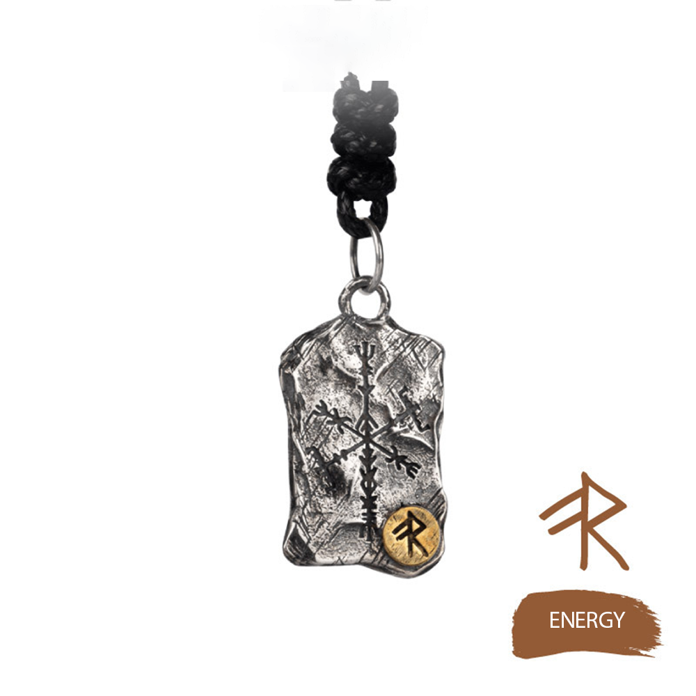 Norse Viking Rune Fragment Stone Pendant Necklace | Double-sided Vegvisir Compass & Aegishjalmur Helm of Awe, 316L Stainless Steel, Gold Plated & Sterling Silver Option, Unisex Rune Amulet