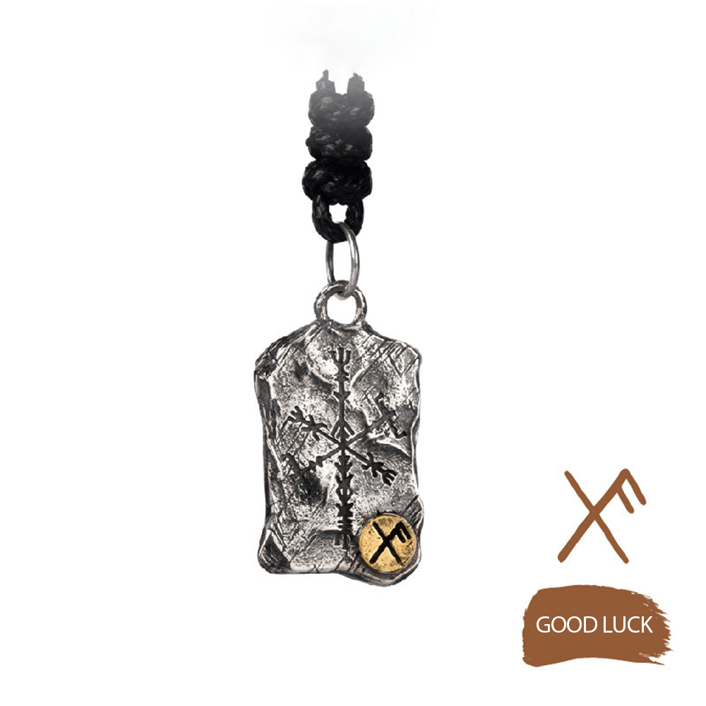 Norse Viking Rune Fragment Stone Pendant Necklace | Double-sided Vegvisir Compass & Aegishjalmur Helm of Awe, 316L Stainless Steel, Gold Plated & Sterling Silver Option, Unisex Rune Amulet