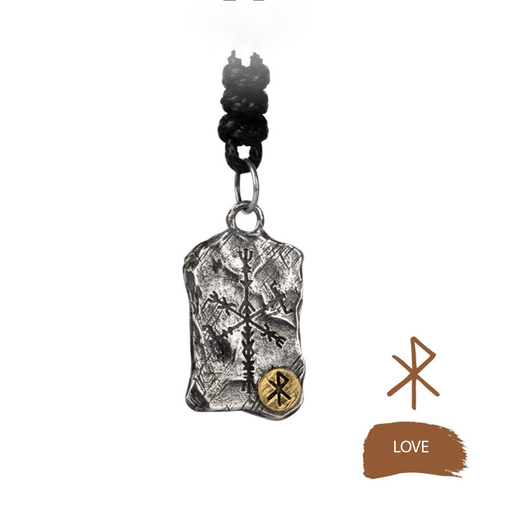Norse Viking Rune Fragment Stone Pendant Necklace | Double-sided Vegvisir Compass & Aegishjalmur Helm of Awe, 316L Stainless Steel, Gold Plated & Sterling Silver Option, Unisex Rune Amulet