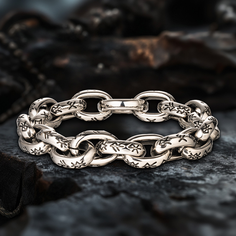 Viking Rune Bracelet 316L Stainless Steel Nordic Elder Futhark Runes Amulet Chunky Link Bracelet For Men Women