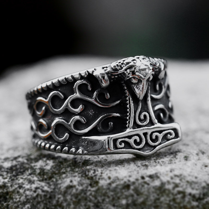 Viking Thor Hammer Mjölnir Celtic Triquetra Ring | 316L Stainless Steel Antique Engraved Unisex Norse Protective Band
