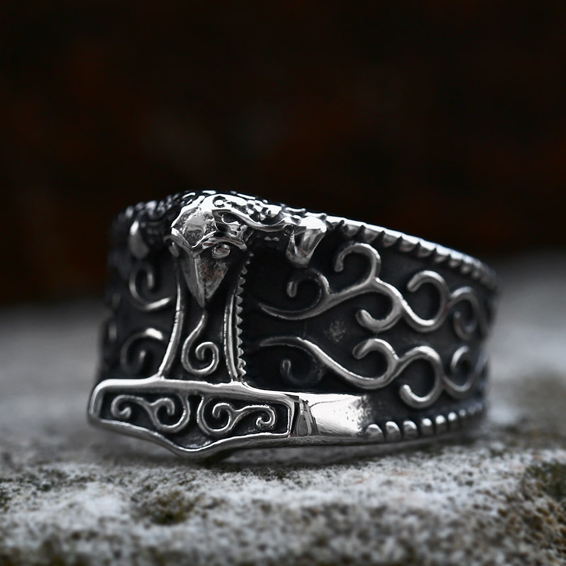 Viking Thor Hammer Mjölnir Celtic Triquetra Ring | 316L Stainless Steel Antique Engraved Unisex Norse Protective Band