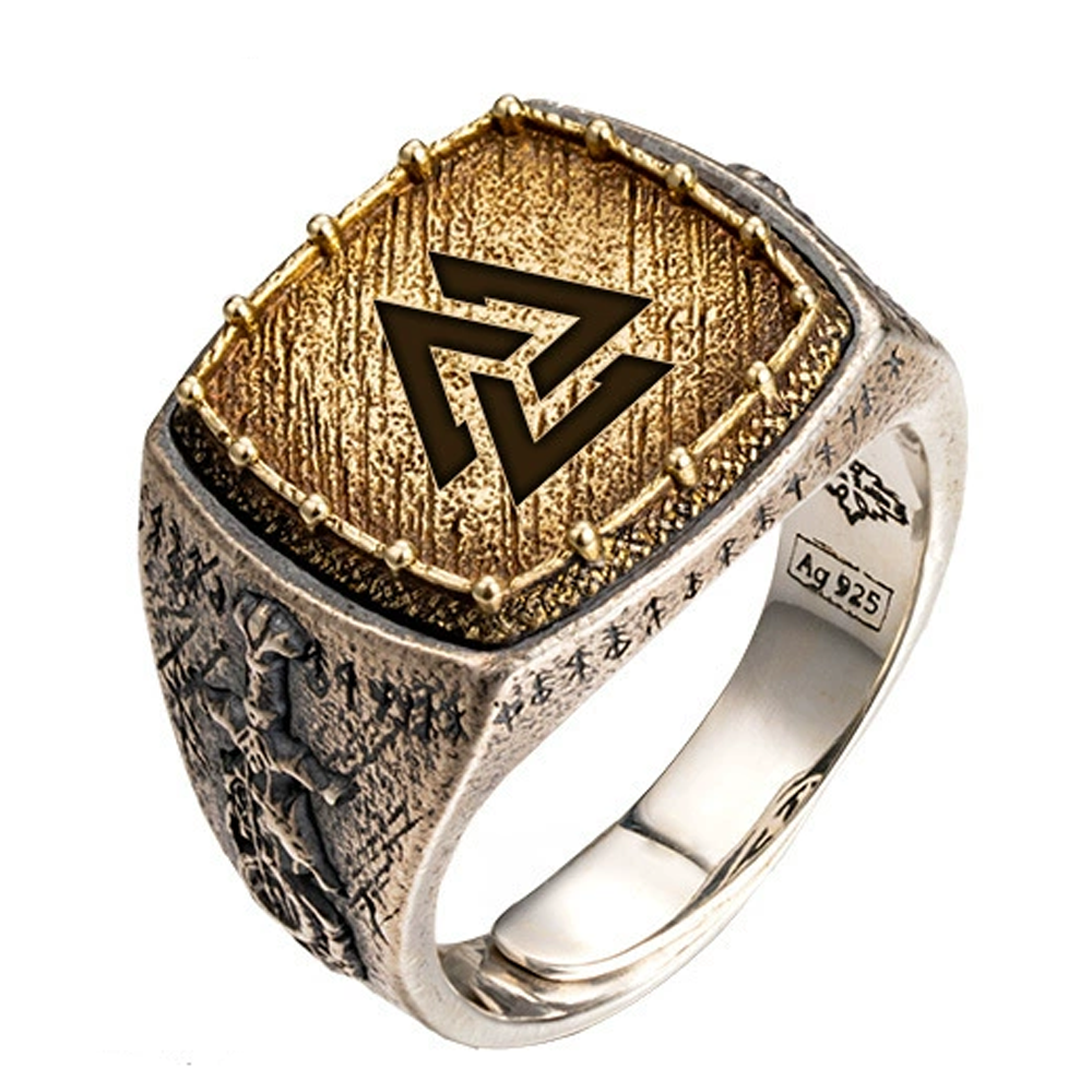 Viking Valknut Odin's Knot Signet Ring | Gold Plated Solid Silver Antique Norse Unisex Nordic Band
