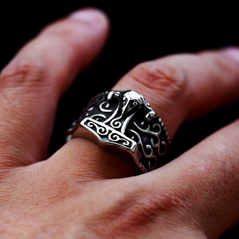 Viking Thor Hammer Mjölnir Celtic Triquetra Ring | 316L Stainless Steel Antique Engraved Unisex Norse Protective Band