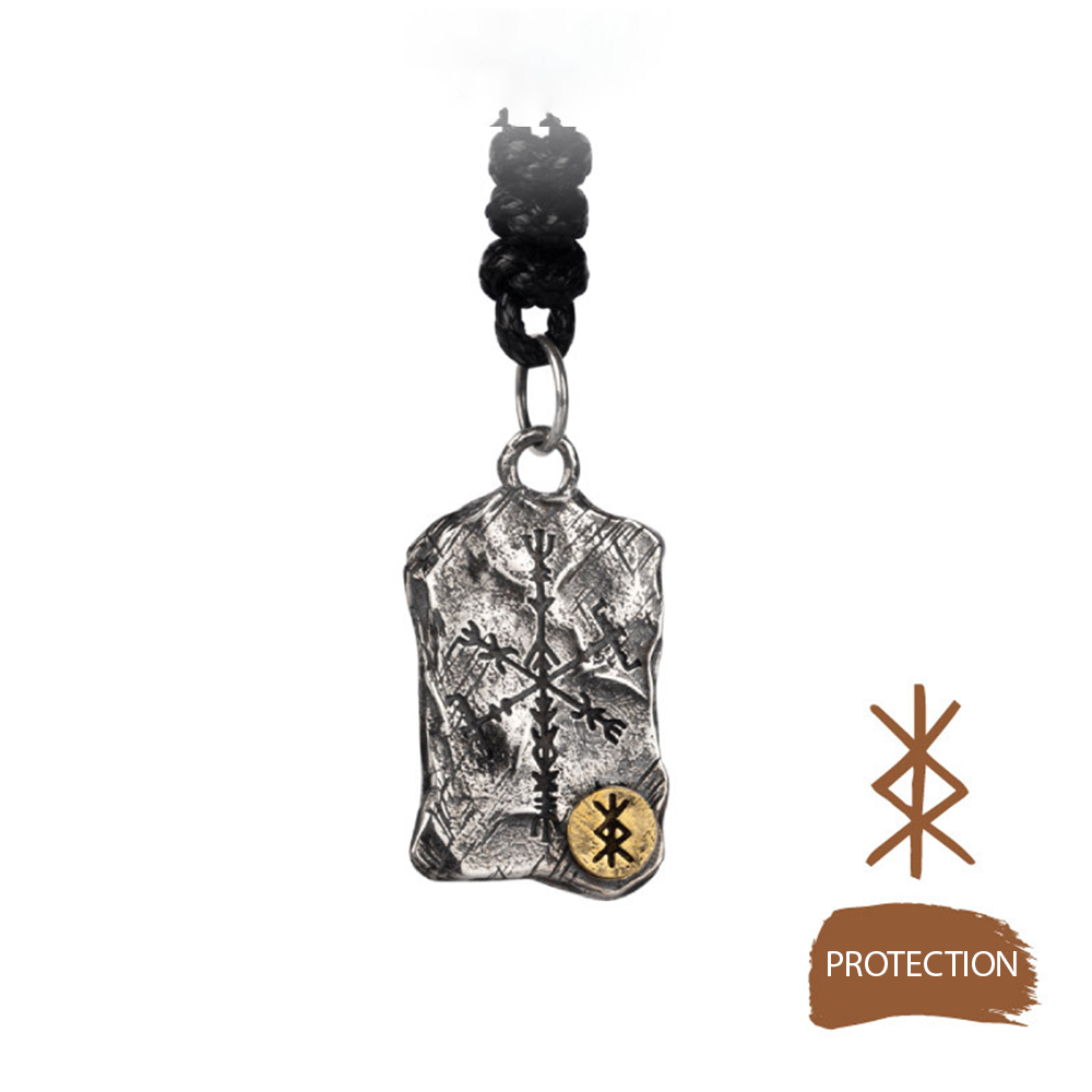 Norse Viking Rune Fragment Stone Pendant Necklace | Double-sided Vegvisir Compass & Aegishjalmur Helm of Awe, 316L Stainless Steel, Gold Plated & Sterling Silver Option, Unisex Rune Amulet