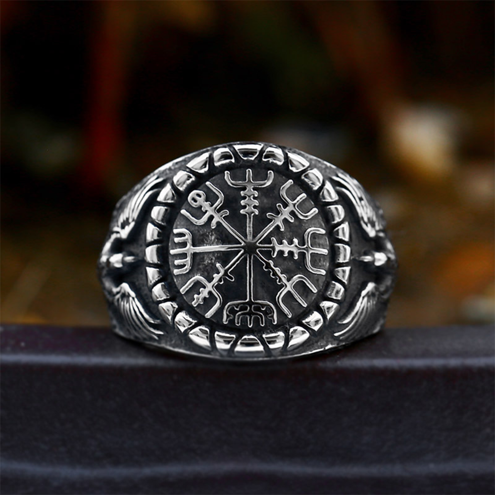 Norse Viking Vegvísir Compass Raven Signet Ring | 316L Stainless Steel Antique Norse Rune Protective Unisex Shield Ring