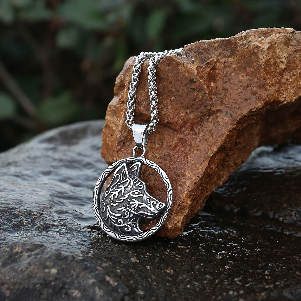 Norse Viking Fenrir Wolf Openwork Round Pendant | Celtic Vine Wolf Head Amulet, 316L Stainless Steel Unisex Strength Protection Necklace