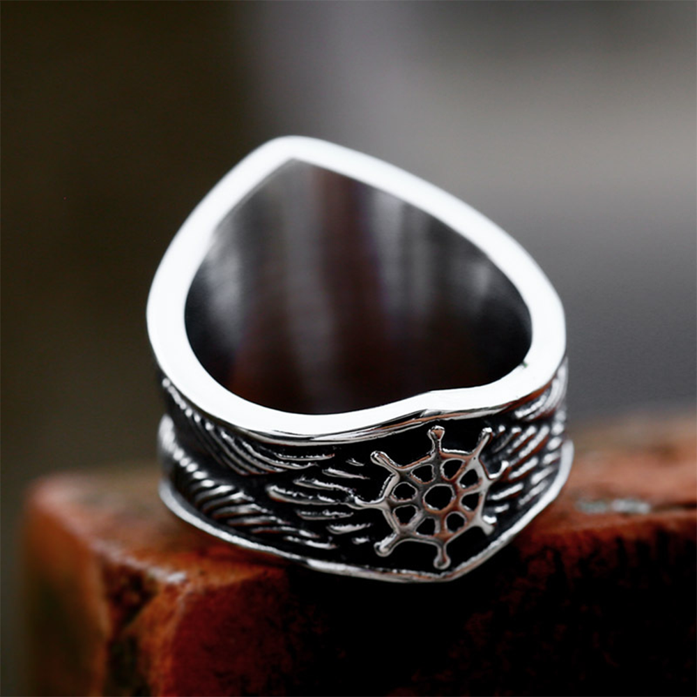 Norse Viking Anchor Ship Wheel Maritime Shield Ring | 316L Stainless Steel Antique Explorer Unisex Wide Band Ring
