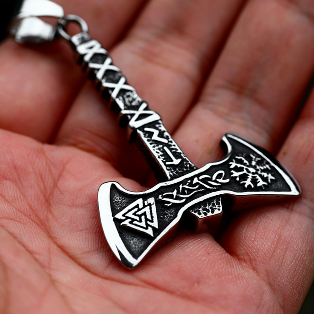 Norse Viking Rune Battle Axe Pendant | Valknut & Aegishjalmr Warrior Amulet, 316L Stainless Steel Unisex Courage & Protection Necklace