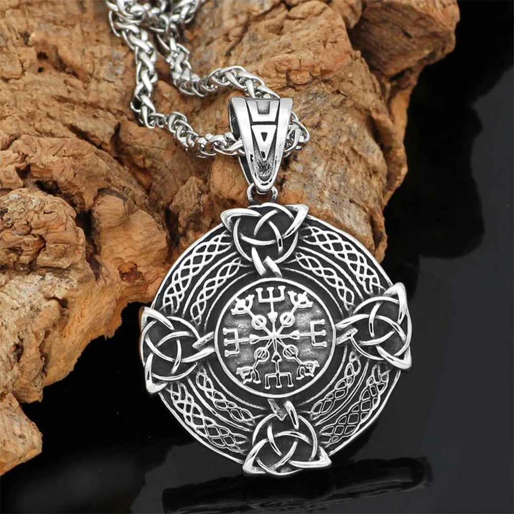 Norse Viking Aegishjalmr Helm of Awe Round Pendant | Celtic Triquetra Knot Amulet, 316L Stainless Steel Unisex Protection Necklace