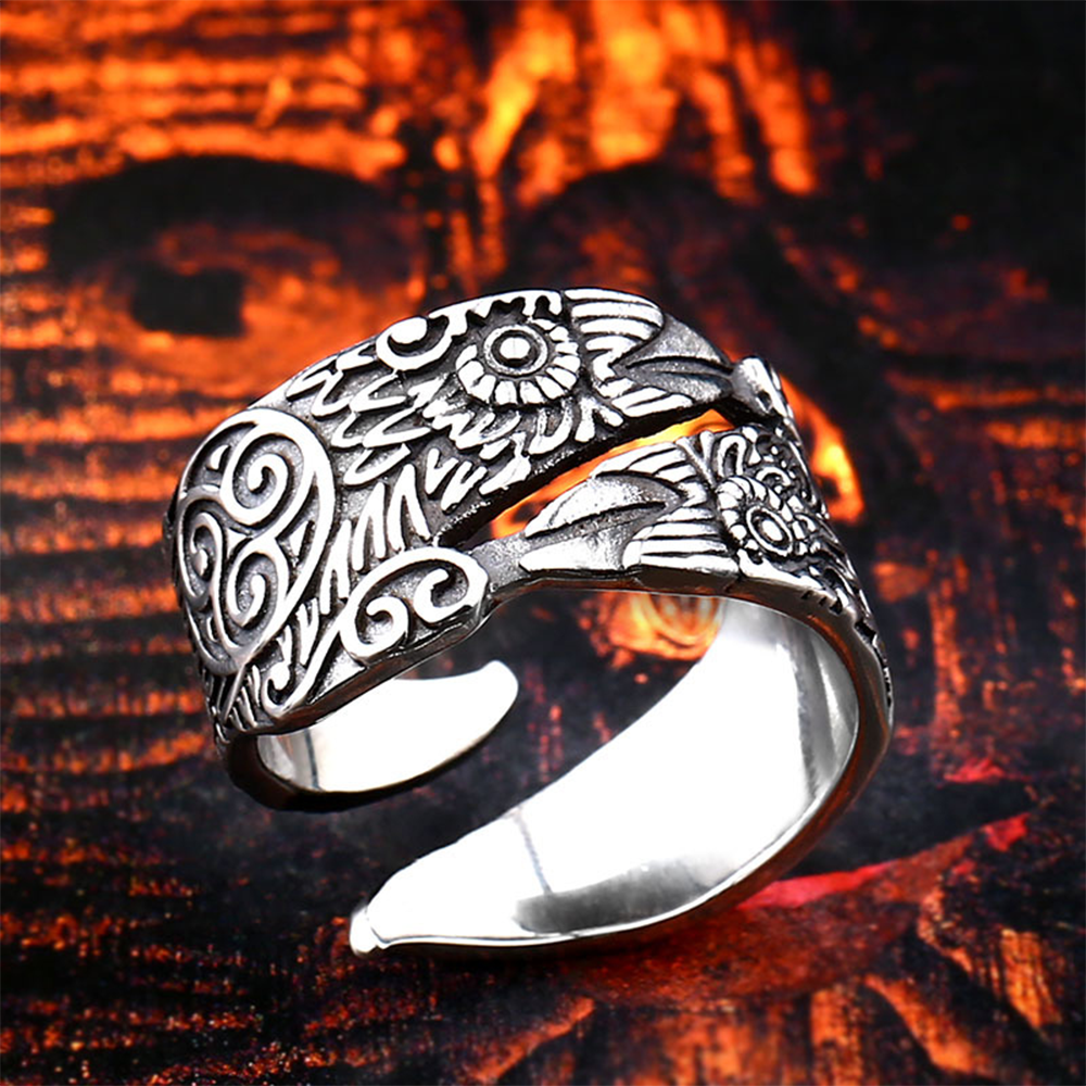 Viking Odin Raven Huginn & Muninn Open Ring | 316L Stainless Steel Antique Engraved Triskelion Unisex Norse Wisdom Band
