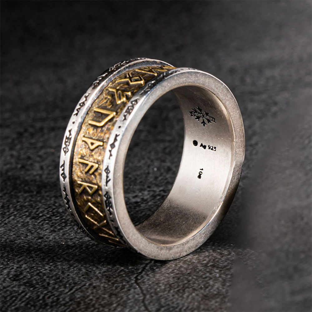 Norse Viking Elder Futhark Full Rune Band Ring | 925 Sterling Silver Gold Plated Rune Relief Protective Wide Unisex Ring