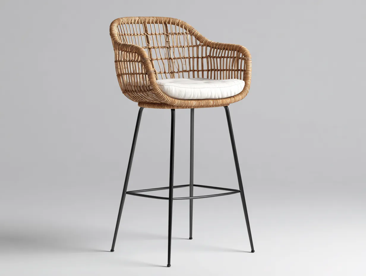 Tabouret de bar en rotin et métal 58×56×105 cm - naturel/noir - assise enveloppante pour balcon-Pamimohome