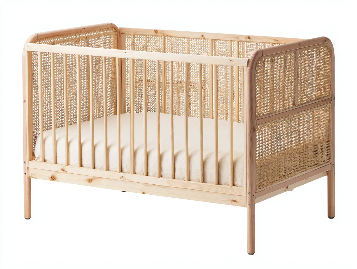 Berceau bébé en bois 125×70×90 cm - bois clair et beige - côtés en cannage-Pamimohome