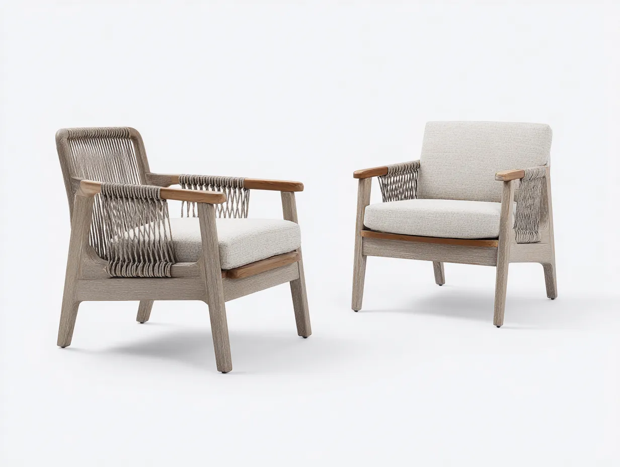 Chaise de loisirs d'extérieur en bois et corde 71×75×81 cm - beige et bois clair - avec dossier rembourré pour terrasse-Pamimohome