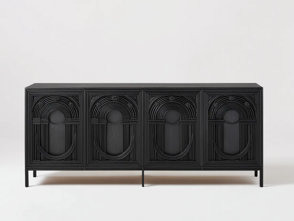 Buffet de salle à manger en bois 210×46×86 cm - noir - façade sculptée à motifs architecturaux-Javooroom