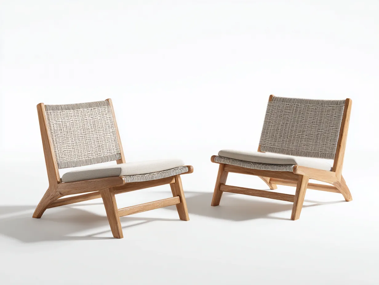 Lot de 2 chaises de loisirs d'extérieur en bois et tressage 66×72×76 cm - beige/bois clair - assise basse contemporaine-Javooroom