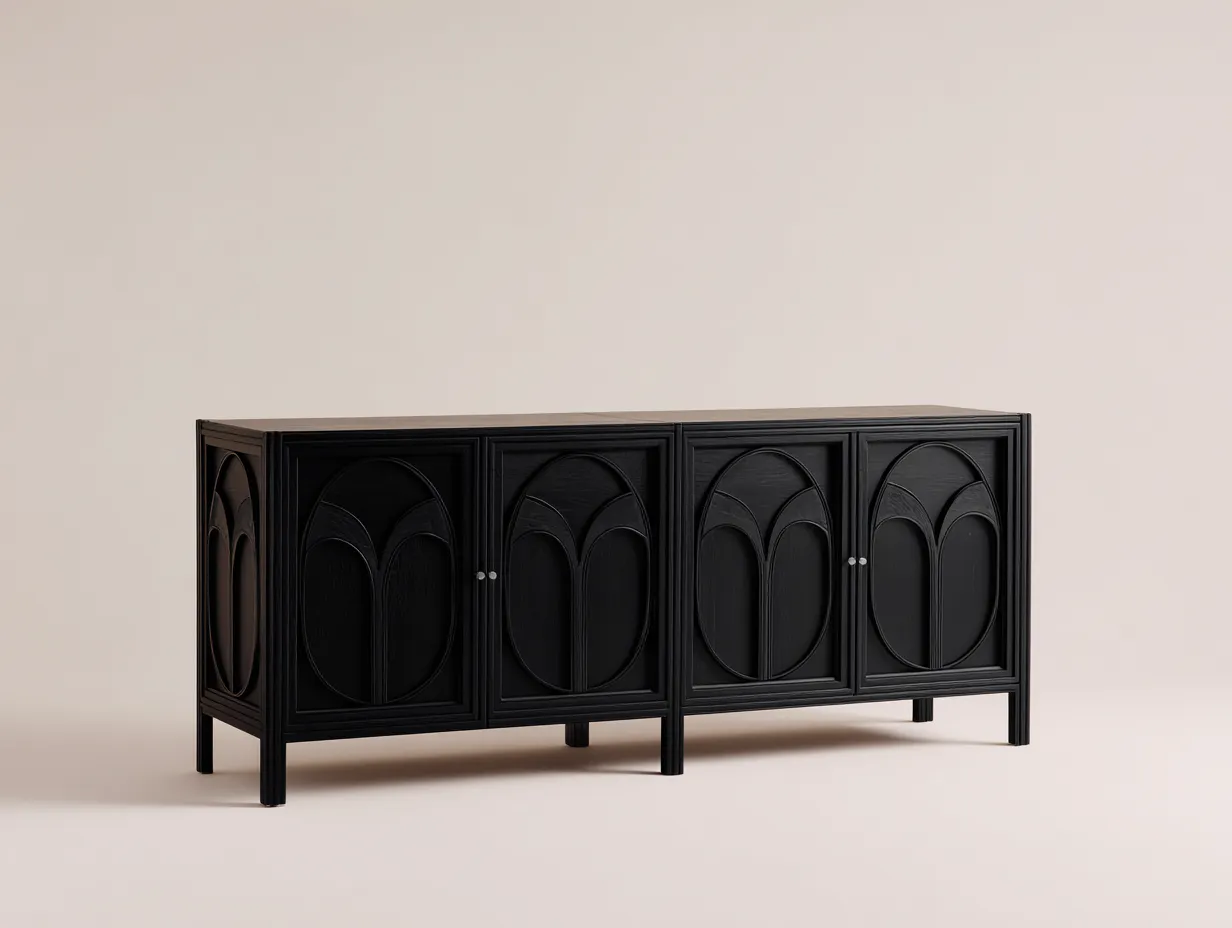 Buffet de salle à manger en bois 200×45×85 cm - noir - façade sculptée style contemporain-Javooroom