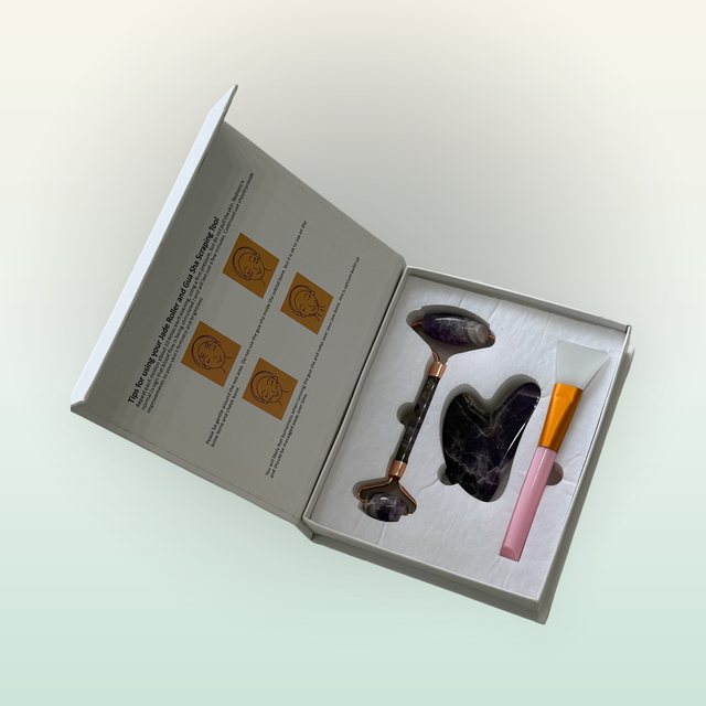 Natural Stone Roller & Gua Sha Gift Box with Facial Brush (3-in-1 Kit)