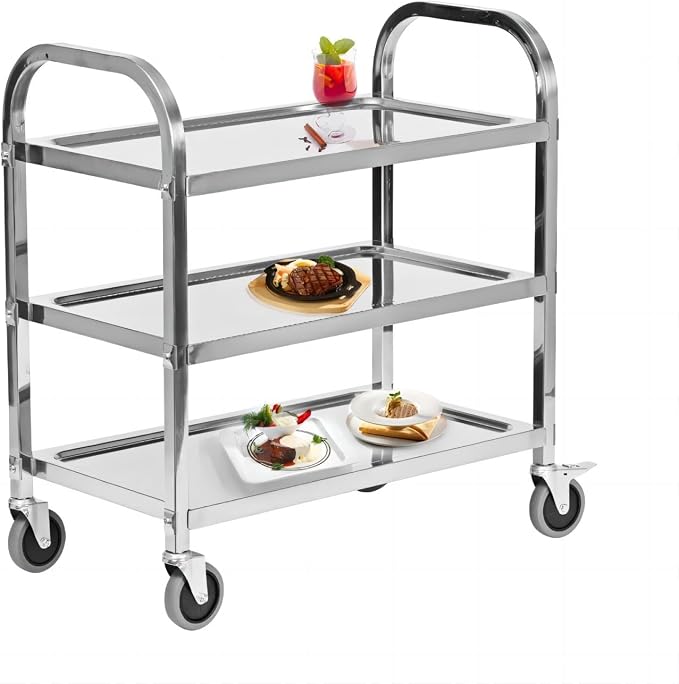 3 Tier Stainless Steel Serving Catering Trolley Wheels Utility Cart Kitchen Cart Serving Trolley with Locking Wheels for Kitchen Hotels - 750x400x835MM