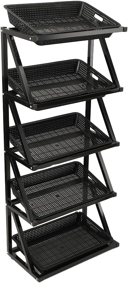 Fruit Vegetable Organizer Metal Frame Basket Stand, Heavy Steel Structure, Open Grid Airflow Storage, 5 Tier Display Rack for Supermarket Kitchen Retail Use