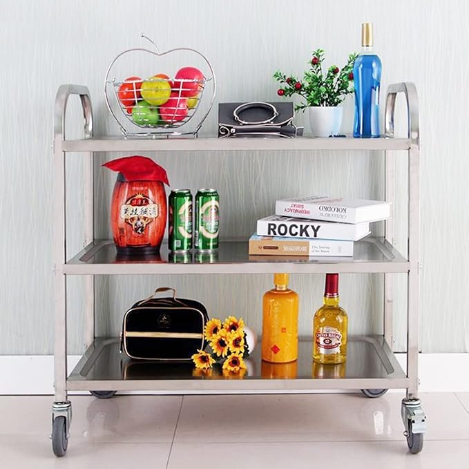 3 Tier Stainless Steel Serving Catering Trolley Wheels Utility Cart Kitchen Cart Serving Trolley with Locking Wheels for Kitchen Hotels - 750x400x835MM