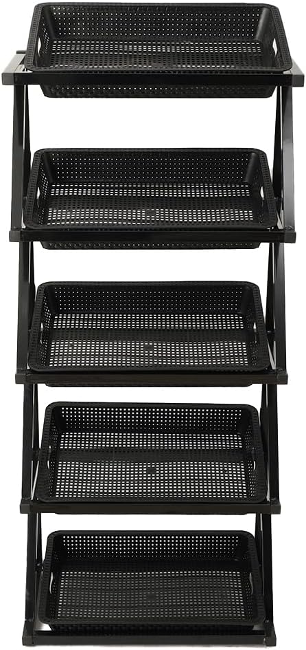 Fruit Vegetable Organizer Metal Frame Basket Stand, Heavy Steel Structure, Open Grid Airflow Storage, 5 Tier Display Rack for Supermarket Kitchen Retail Use