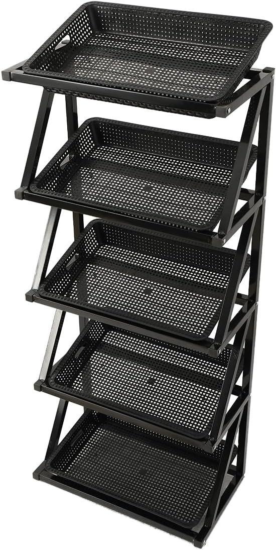 Fruit Vegetable Organizer Metal Frame Basket Stand, Heavy Steel Structure, Open Grid Airflow Storage, 5 Tier Display Rack for Supermarket Kitchen Retail Use
