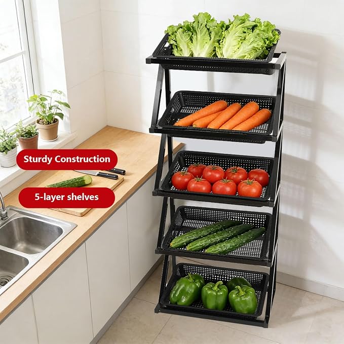 Fruit Vegetable Organizer Metal Frame Basket Stand, Heavy Steel Structure, Open Grid Airflow Storage, 5 Tier Display Rack for Supermarket Kitchen Retail Use