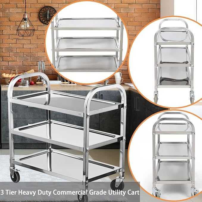 3 Tier Stainless Steel Serving Catering Trolley Wheels Utility Cart Kitchen Cart Serving Trolley with Locking Wheels for Kitchen Hotels - 750x400x835MM