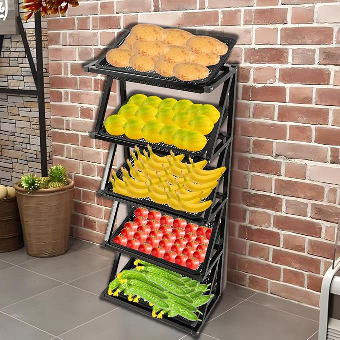 Fruit Vegetable Organizer Metal Frame Basket Stand, Heavy Steel Structure, Open Grid Airflow Storage, 5 Tier Display Rack for Supermarket Kitchen Retail Use
