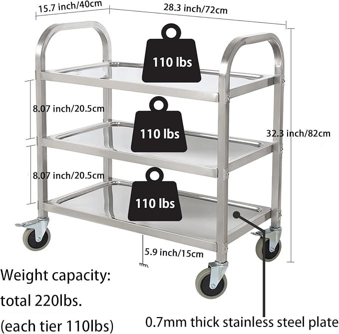 3 Tier Stainless Steel Serving Catering Trolley Wheels Utility Cart Kitchen Cart Serving Trolley with Locking Wheels for Kitchen Hotels - 750x400x835MM